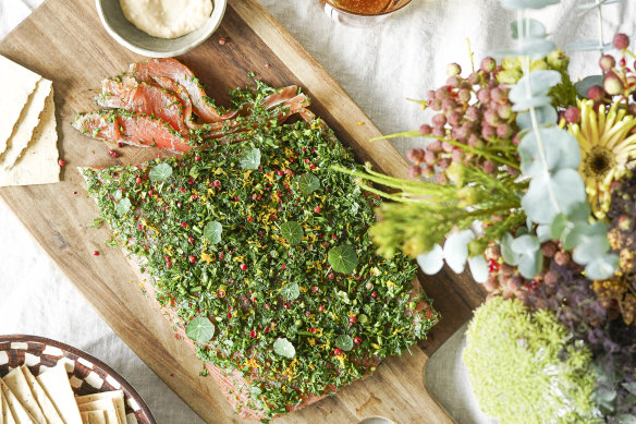 Cured salmon with herb crust and lazy horseradish cream.