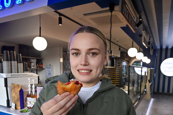 Madi Broadley at the new location of American Doughnut Kitchen at Prahran Market.