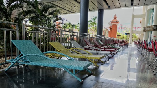 Pool chairs laid out at the airport to accommodate tourists as they arrive and undergo PCR testing.