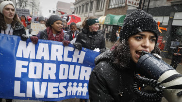 Organiser Rasleen Krupp, 17, leads a “March for Our Lives” protest in 2018 in Cincinnati.