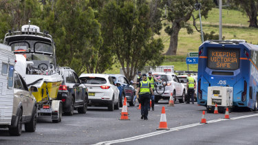 The border checkpoint at Genoa between Victoria and NSW earlier this month. Restrictions are now being eased for entry into Victoria. 