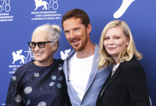 Jane Campion, left, with stars Benedict Cumberbatch and Kirsten Dunst at the Venice Film Festival in September.