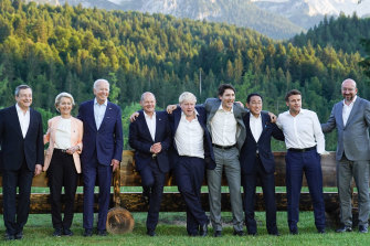 Leading the way without ties at the G7 Summit.. (l-r) Prime Minister of Italy Mario Draghi,  European Unio<em></em>n Council Commission President Ursula von der Leyen, US President Joe Biden, German Chancellor Olaf Scholz, British Prime Minister Boris Johnson,  Prime Minister of Canada Justin Trudeau, Prime Minister of Japan Fumio Kishida, French President Emanuel Macron and European Unio<em></em>n Council President Charles Michel pose for a group photo on the first day of the three-day G7 summit at Schloss Elmau on June 26, 2022 in Germany.