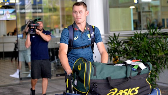 Marnus Labuschagne arrives at the Brisbane International Airport on Tuesday.