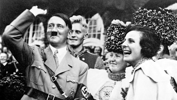 Adolf Hitler with filmmaker Leni Riefenstahl at a Nazi rally in Nuremberg in 1934.