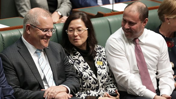 Prime Minister Scott Morrison, Gladys Liu and Treasurer Josh Frydenberg in Parliament last month.