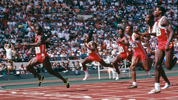 Canadian sprinter Ben Johnson (left) wins the 100m final at the Seoul Olympics in 1988. He was later disqualified.