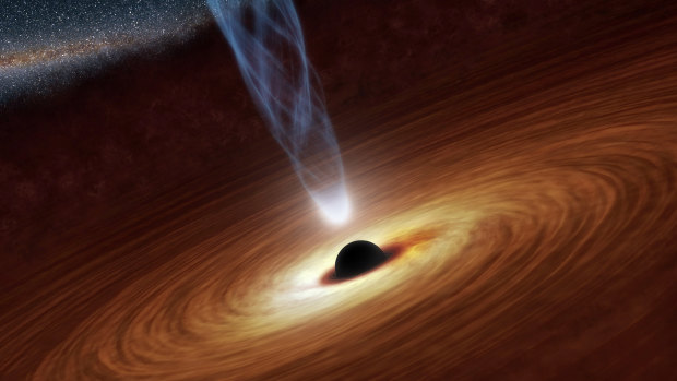 An artist's illustration of a supermassive black hole, with a spinning jet of matter shooting out.