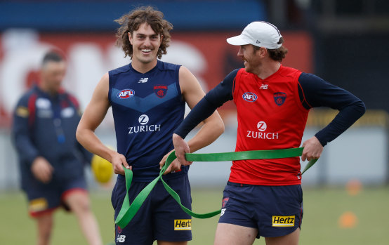 Mitch Brown (right) at Melbourne training.