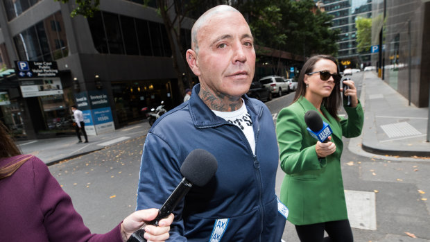 Mongols bikie boss Toby Mitchell leaves his lawyer’s office after Monday’s court case.