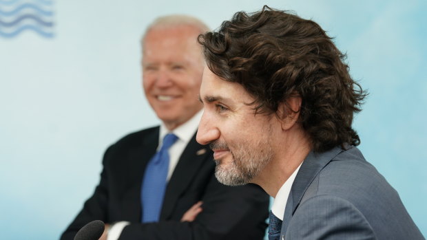 US President Joe Biden and Canadian Prime Minister Justin Trudeau attend the G7 summit.