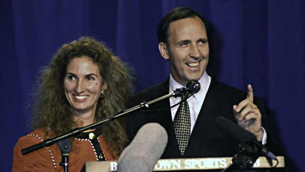 Paul Keating, with then wife Annita, delivering his election victory speech in March 1993.