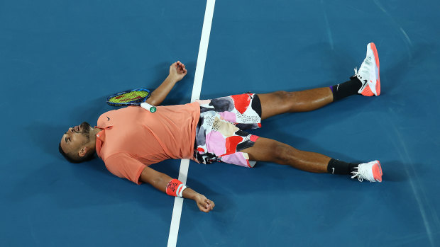 Nick Kyrgios is down and out during his loss to Rafael Nadal.