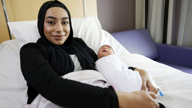 Priscilla Perez  and her 17-hour-old baby Noah at the Royal Women's Hospital on Thursday.