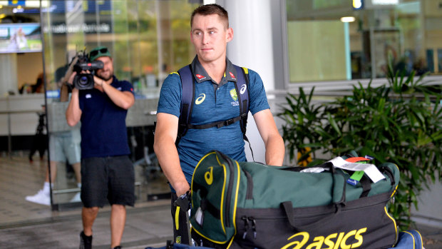 Marnus Labuschagne arrives at the Brisbane International Airport on Tuesday.