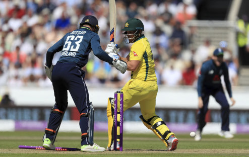 A sorry tale: Australia's Aaron Finch is bowled by England's Moeen Ali at Old Trafford on Sunday.