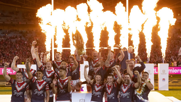 The Roosters celebrate winning the 2019 NRL grand final.