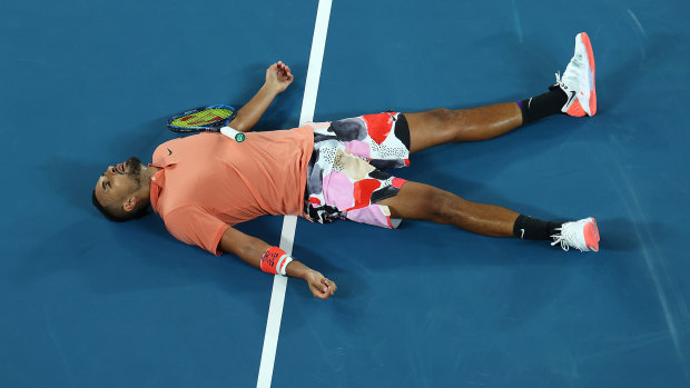 Nick Kyrgios is down and out during his loss to Rafael Nadal.