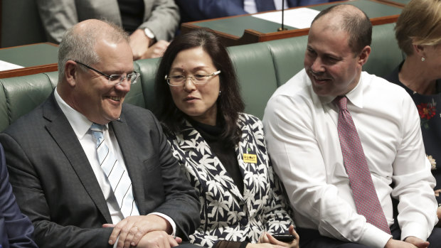 Prime Minister Scott Morrison, Gladys Liu and Treasurer Josh Frydenberg in Parliament last month.