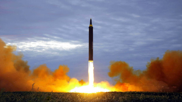 A test launch of a Hwasong-12 intermediate range missile in Pyongyang, North Korea. 