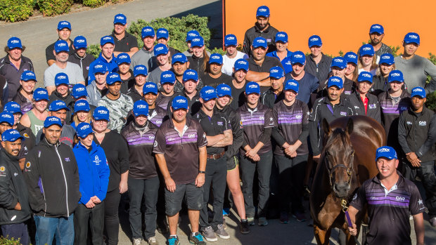 Time to say goodbye: Winx with the staff at Chris Waller's stable on Thursday.