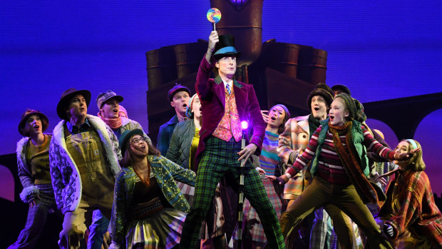 The Charlie and the Chocolate Factory cast performing on stage at Her Majesty's Theatre in Melbourne.
