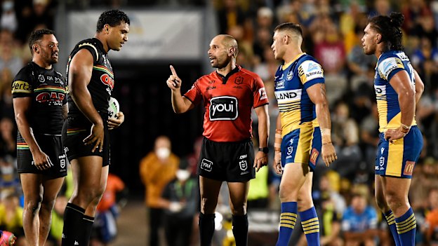 Refree Ashley Klein lays down the law during the Eels and Panthers semi-final last year.
