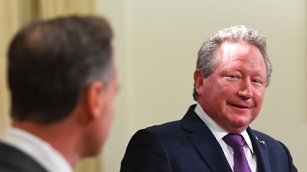 Andrew 'Twiggy' Forrest at the Minderoo Foundation press conference with Health Minister Greg Hunt. 