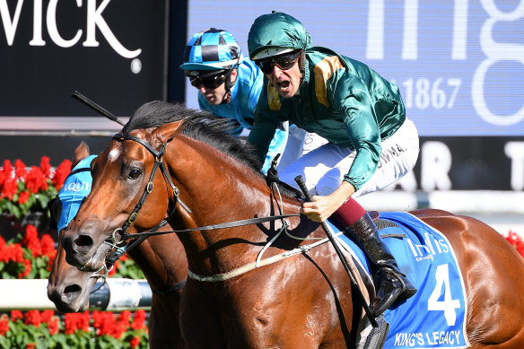 Hugh Bowman gives a shout as King's Legacy gets the better of Prague in the Sires Produce.