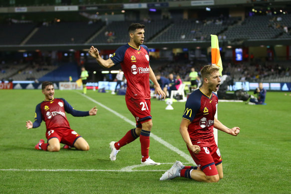 A jubilant Stefan Mauk celebrates after scoring in Adelaide’s win over Melbourne Victory.