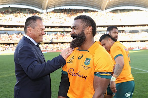 Dave Rennie and Marika Koroibete after a Wallabies win over the Springboks in Adelaide.