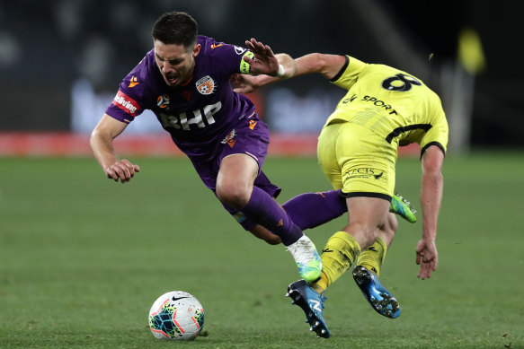 Bruno Fornaroli is tackled by Cameron Devlin.