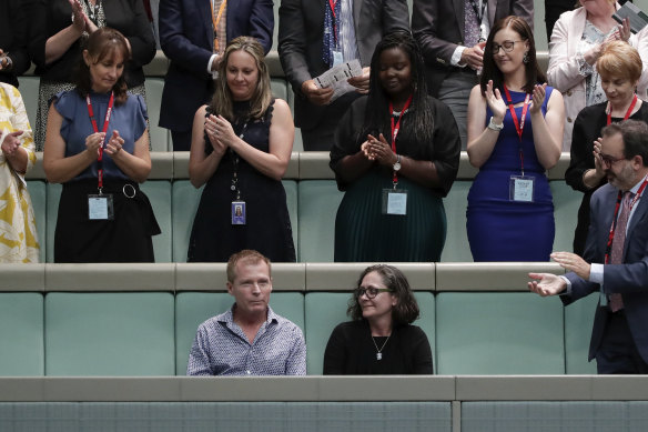 Freed Taliban hostage Timothy Weeks receives a standing ovation in Parliament in Canberra on December 4, 2019.
