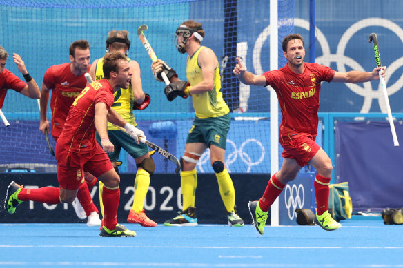 Pau Quemada Cadafalch celebrates his equaliser for Spain against Australia.