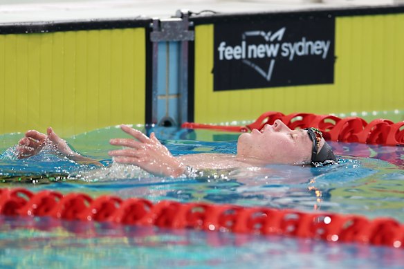 Sam Short reacts after the 1500 meter freestyle final. 