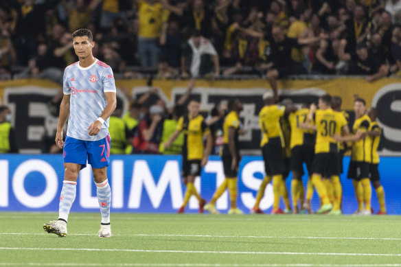 A dejected Cristiano Ronaldo following Young Boys’ late Champions League winner in Bern.