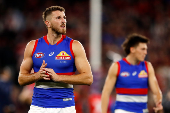 Marcus Bontompelli hurt his ankle in the Western Bulldogs’ loss to Melbourne.