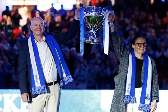 North Melbourne AFLW coach Darren Crocker and premiership captain Emma Kearney at the club’s recent celebration against the Western Bulldogs.