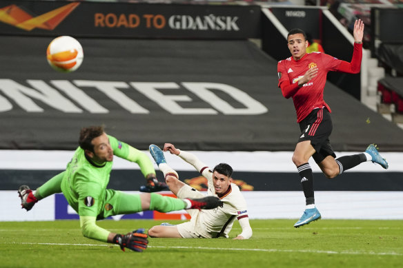 Mason Greenwood scores United’s sixth and final goal against Roma.