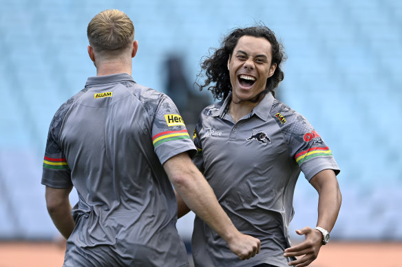 Jarome Luai cuts a relaxed figure at the Panthers’ captain’s run at Accor Stadium on Saturday.