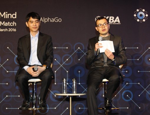 Demis Hassabis, right, co-founder of  DeepMind, with South Korean professional Lee Se-dol. Lee played Go against the DeepMind machine AlphaGo in March 2016.