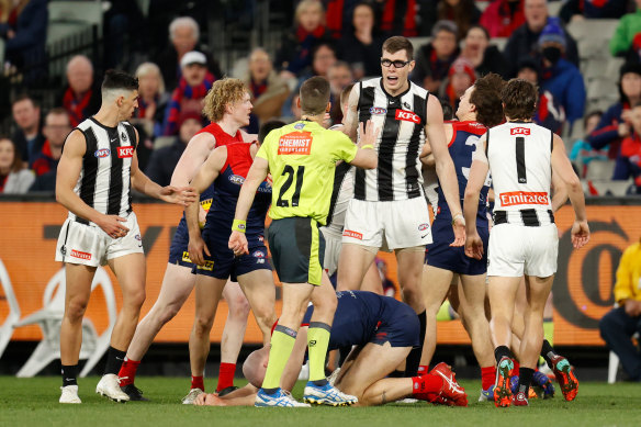 The aftermath: Max Gawn on the turf.