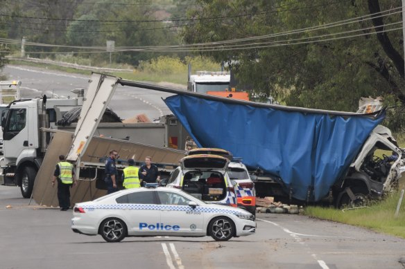 A stolen tip-truck crashed into another truck at Berkshire Park in western Sydney on Tuesday morning.