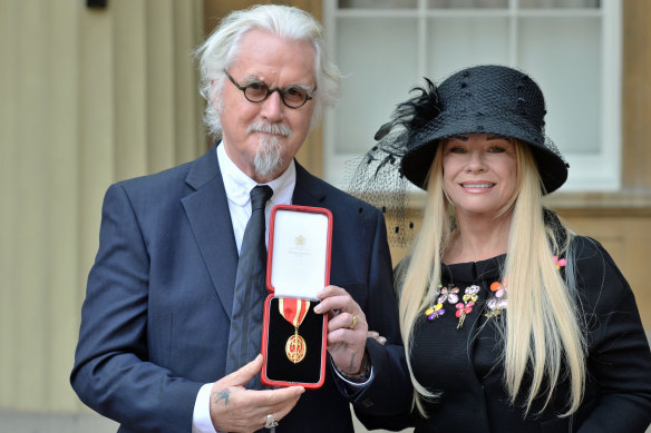 Billy Connolly with his wife, Pamela Stephenson, after receiving his knighthood in 2017.