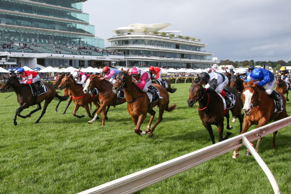 The packed finish at Flemington.