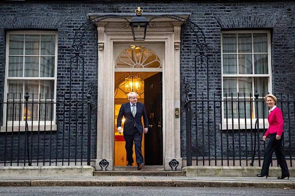 Boris Johnson greets EU Commission president Ursula von der Leyen at No. 10 Downing Street.