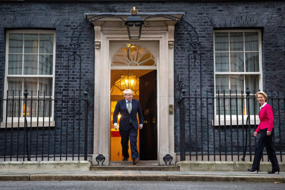 Boris Johnson greets EU Commission president Ursula von der Leyen at No. 10 Downing Street.