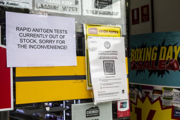 A sign on Chemist Warehouse Double Bay, Sydney, informs customers that it has no rapid antigen tests left. 