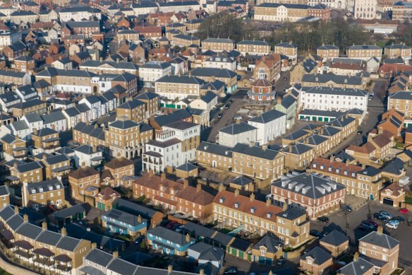 An aerial view of the purpose-built town of Poundbury in the English county of Dorset.