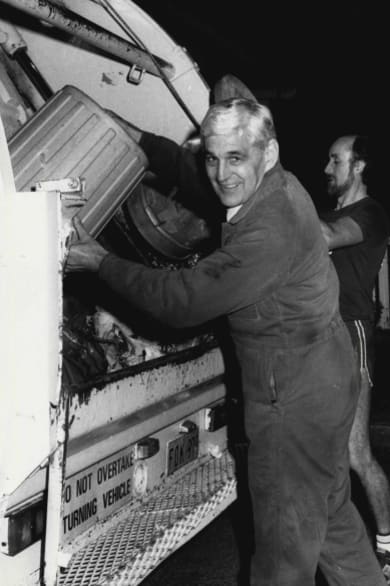 Ted Mack silencing the garbos with a trial of a later  7am bin collection, 1984. 